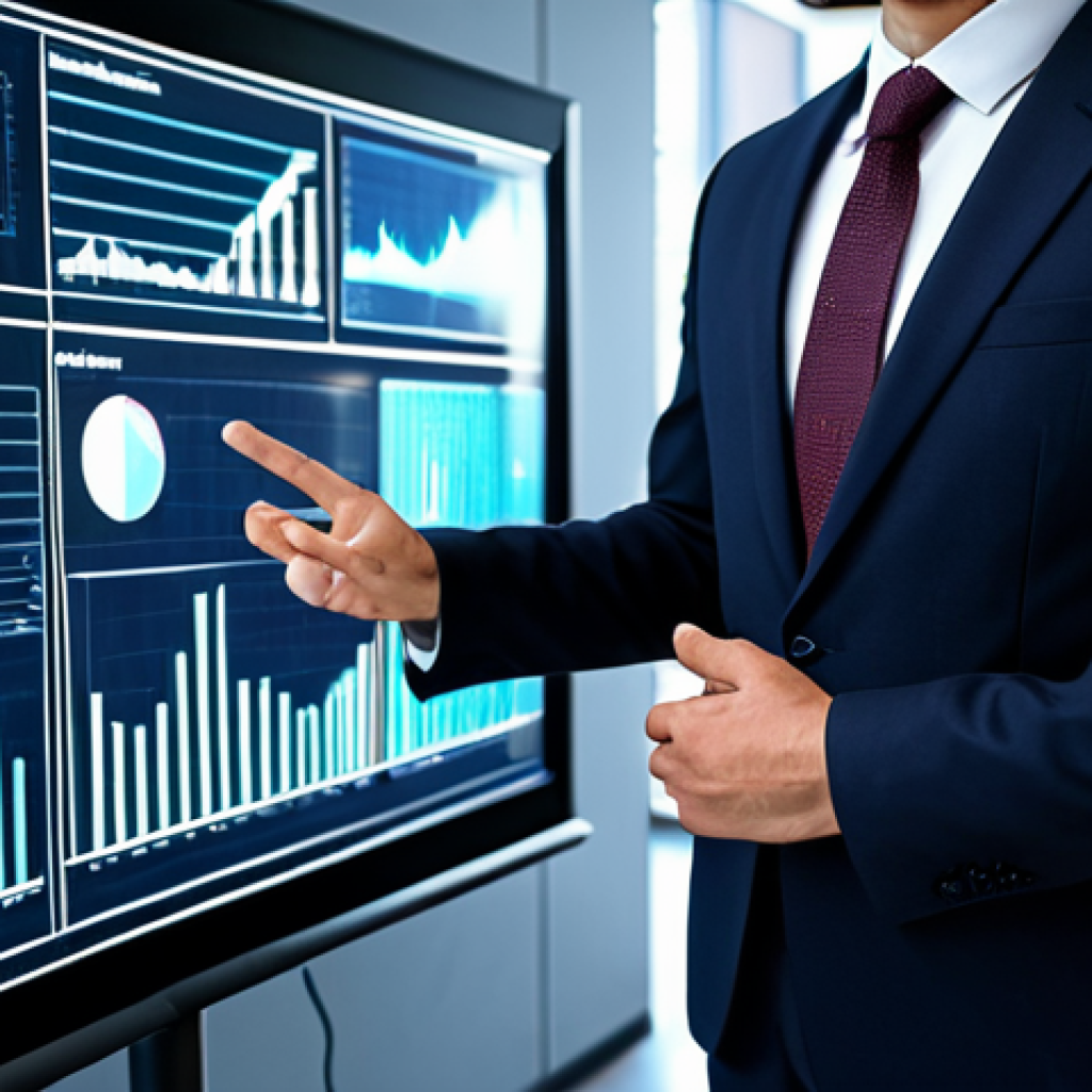 A professional business person in a modest business suit, fully clothed, focused on a futuristic holographic display showing complex data visualizations, charts, and real-time market trends. The setting is a sleek, modern office with soft ambient lighting. The person exhibits perfect anatomy, correct proportions, and a natural pose, with well-formed hands and proper finger count. This image is safe for work, appropriate content, and depicts a professional atmosphere, maintaining natural body proportions, high quality, and professional photography.
