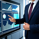A professional business person in a modest business suit, fully clothed, focused on a futuristic holographic display showing complex data visualizations, charts, and real-time market trends. The setting is a sleek, modern office with soft ambient lighting. The person exhibits perfect anatomy, correct proportions, and a natural pose, with well-formed hands and proper finger count. This image is safe for work, appropriate content, and depicts a professional atmosphere, maintaining natural body proportions, high quality, and professional photography.