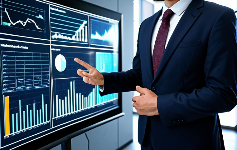 A professional business person in a modest business suit, fully clothed, focused on a futuristic holographic display showing complex data visualizations, charts, and real-time market trends. The setting is a sleek, modern office with soft ambient lighting. The person exhibits perfect anatomy, correct proportions, and a natural pose, with well-formed hands and proper finger count. This image is safe for work, appropriate content, and depicts a professional atmosphere, maintaining natural body proportions, high quality, and professional photography.