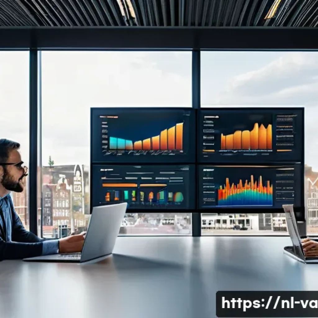 경쟁 분석 프레임워크를 활용한 의사결정 전략 - A modern business meeting room in Amsterdam with diverse professionals analyzing market competition ...