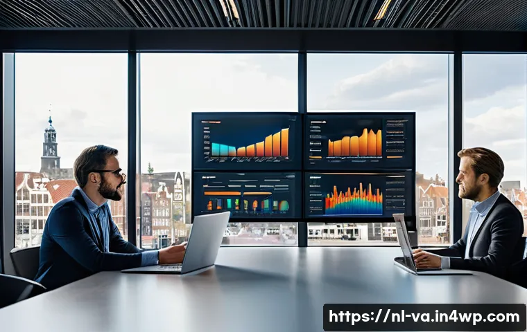 경쟁 분석 프레임워크를 활용한 의사결정 전략 - A modern business meeting room in Amsterdam with diverse professionals analyzing market competition ...