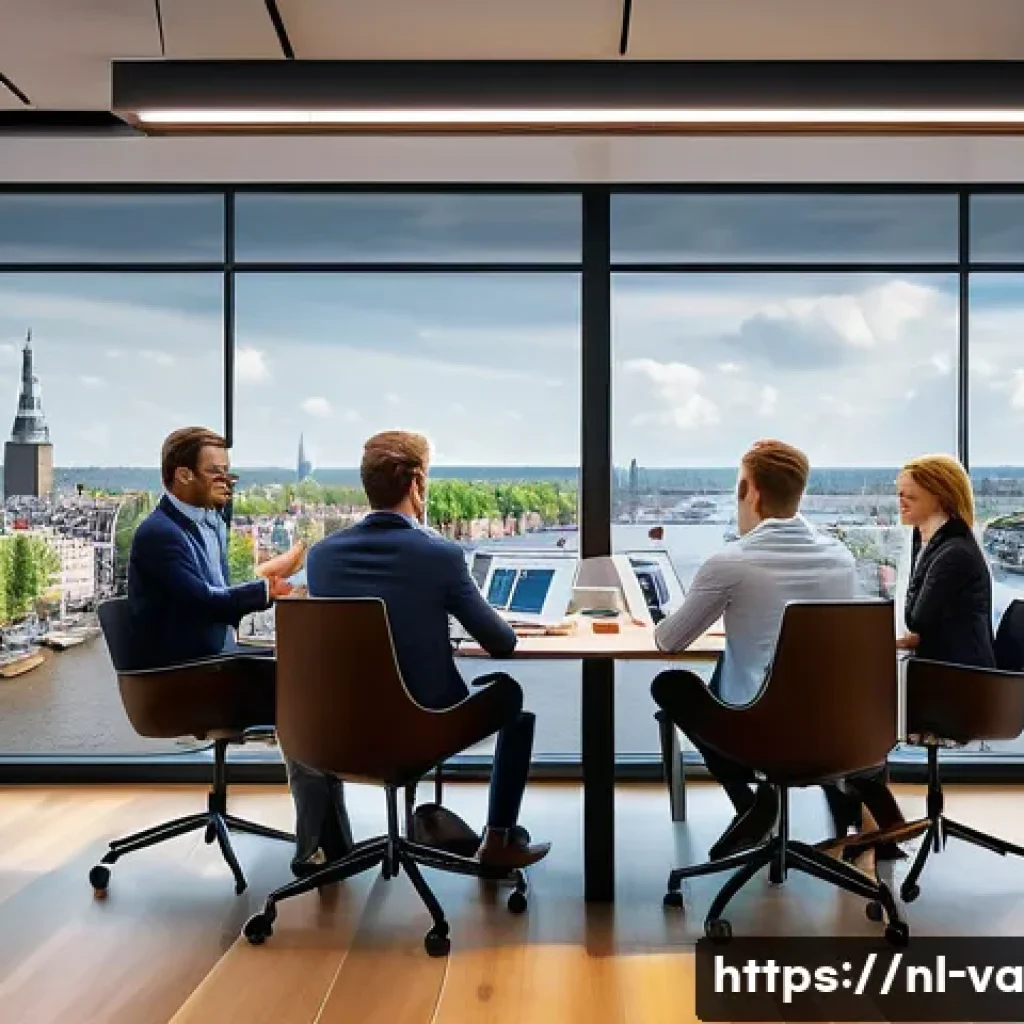 경쟁 분석 프레임워크의 교육 및 훈련 프로그램 - A modern Dutch business office scene showing a diverse team of professionals engaged in a competitiv...