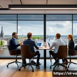 Home 22 경쟁 분석 프레임워크의 교육 및 훈련 프로그램 - A modern Dutch business office scene showing a diverse team of professionals engaged in a competitiv...