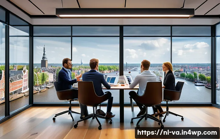경쟁 분석 프레임워크의 교육 및 훈련 프로그램 - A modern Dutch business office scene showing a diverse team of professionals engaged in a competitiv...
