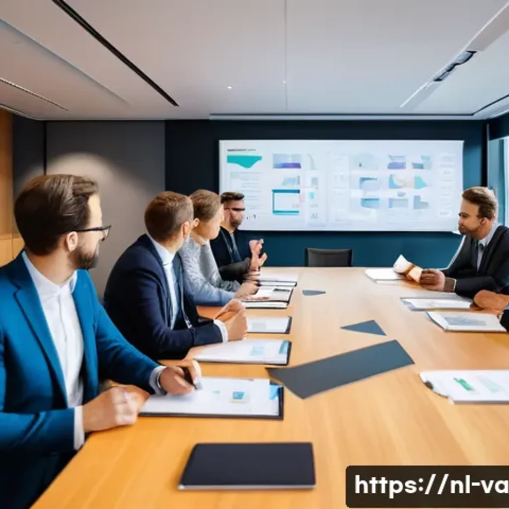 경쟁 분석 프레임워크의 법적 고려사항 - A professional office setting in the Netherlands, showing a diverse team of business people engaged ...