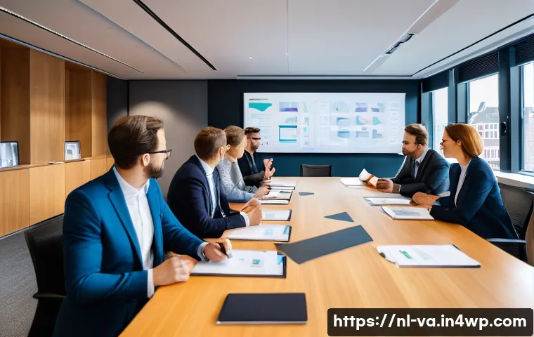 경쟁 분석 프레임워크의 법적 고려사항 - A professional office setting in the Netherlands, showing a diverse team of business people engaged ...
