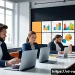 Home 19 경쟁 분석 프레임워크를 사용한 신규시장 진입 전략 - A professional Dutch marketing team in a modern office setting, analyzing colorful segmented custome...
