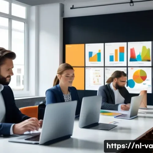 Home 31 경쟁 분석 프레임워크를 사용한 신규시장 진입 전략 - A professional Dutch marketing team in a modern office setting, analyzing colorful segmented custome...