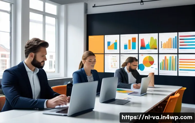 경쟁 분석 프레임워크를 사용한 신규시장 진입 전략 - A professional Dutch marketing team in a modern office setting, analyzing colorful segmented custome...