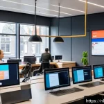 Home 18 경쟁 분석 프레임워크의 성공 사례 분석 - A modern Dutch business office setting where a diverse team of professionals analyzes complex market...