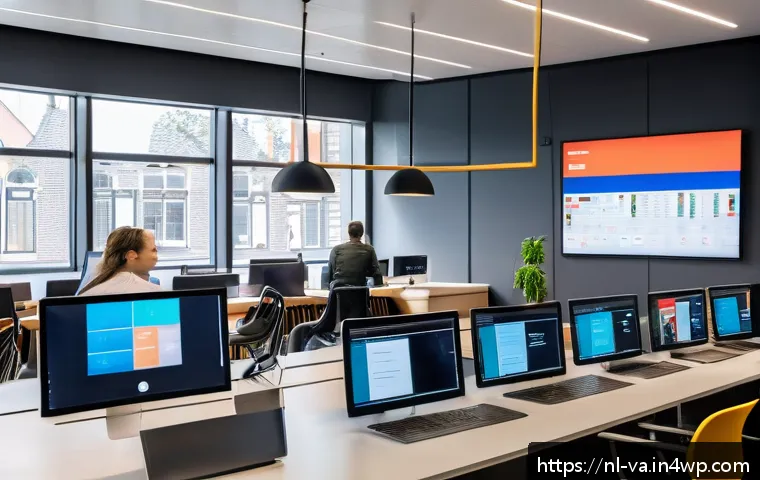 경쟁 분석 프레임워크의 성공 사례 분석 - A modern Dutch business office setting where a diverse team of professionals analyzes complex market...