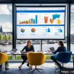 Home 23 경쟁 분석 프레임워크를 통한 브랜드 가치 제고 - A modern Dutch office setting with a diverse team of professionals collaborating around a large digi...