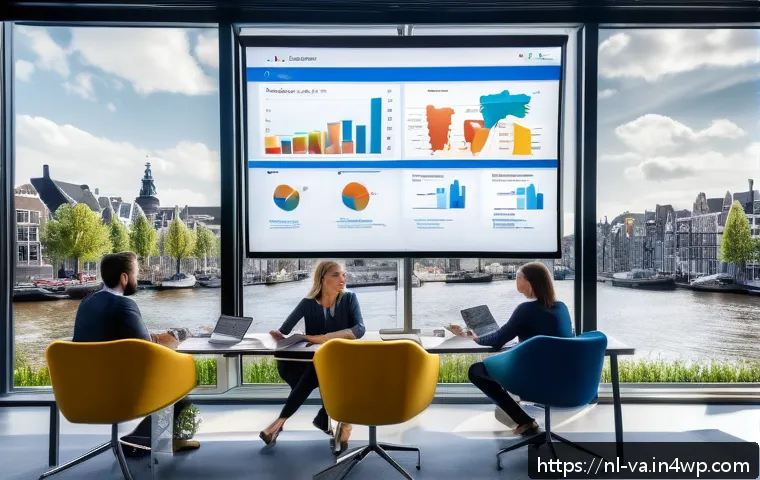 경쟁 분석 프레임워크를 통한 브랜드 가치 제고 - A modern Dutch office setting with a diverse team of professionals collaborating around a large digi...